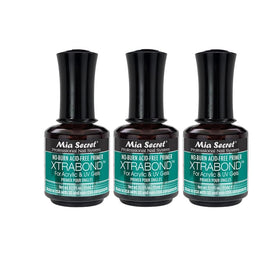Mia Secret XTRABOND no-burn acid-free primer 3-pack close-up, gentle adhesion for sensitive nails.