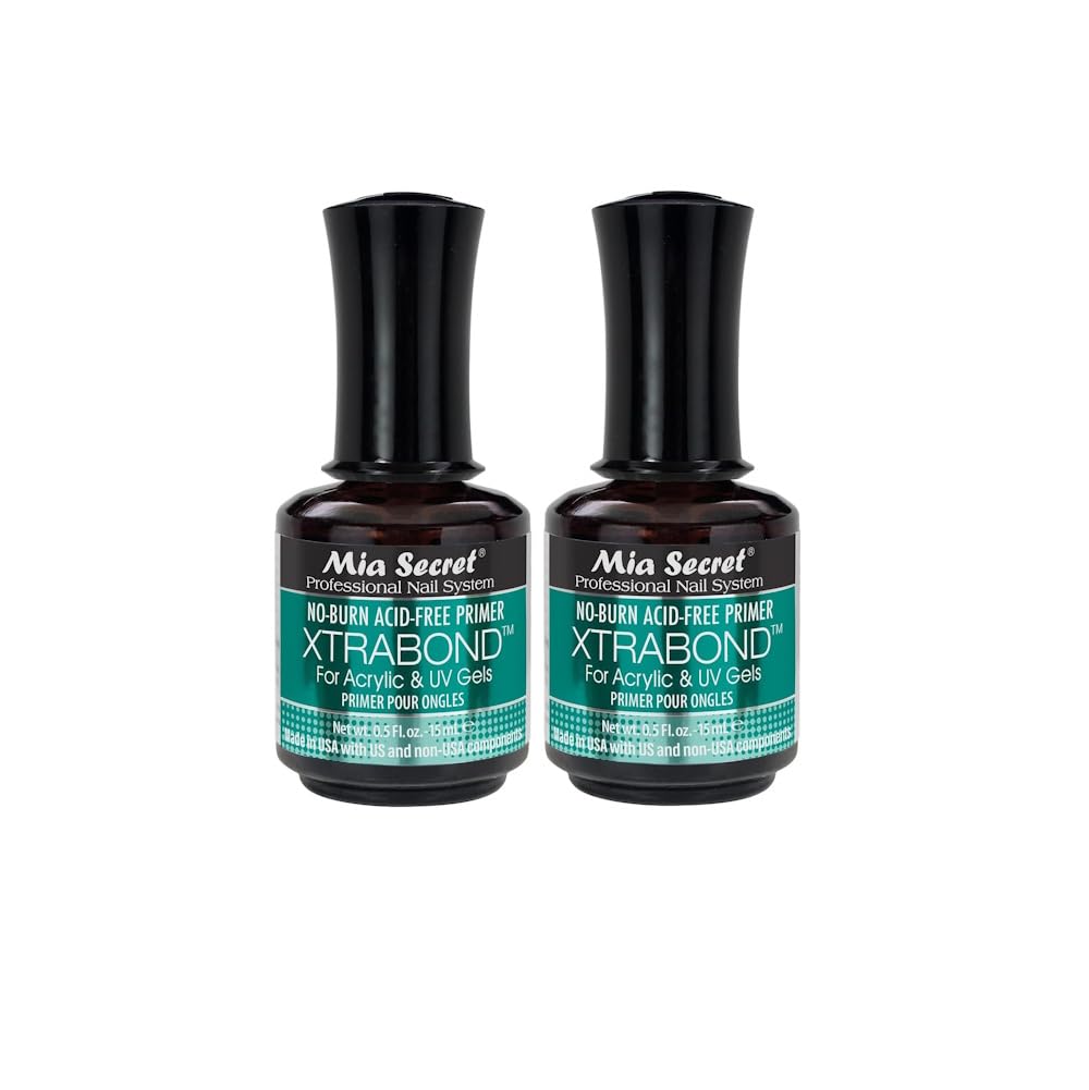 Mia Secret XTRABOND primer bottle pour enhances adhesion for durable acrylic and gel nails.