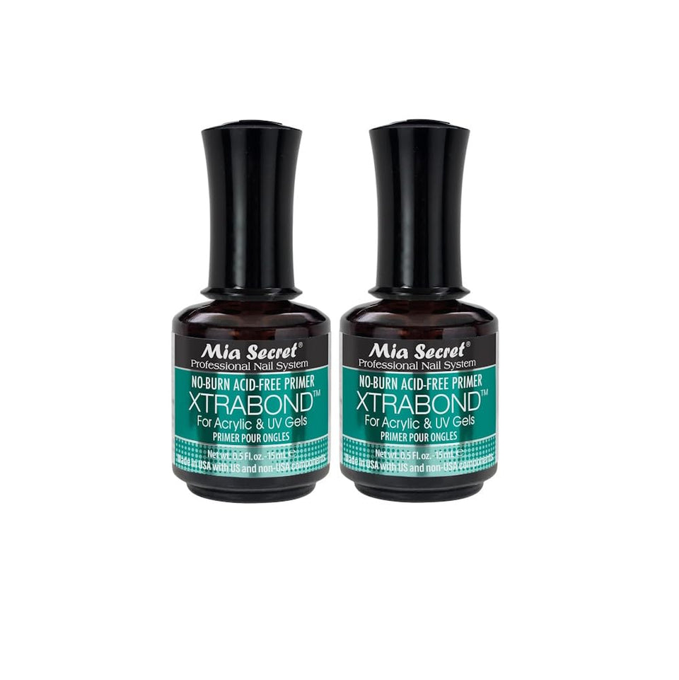 Mia Secret XTRABOND primer bottle pour enhances adhesion for durable acrylic and gel nails.