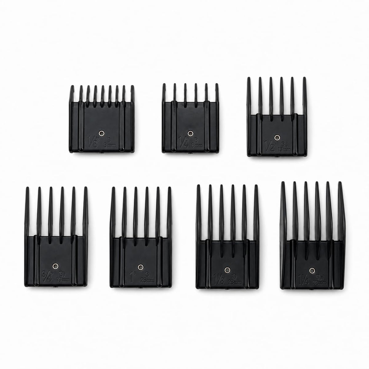 Miaco seven-piece universal guard set shown for versatile full-size clippers