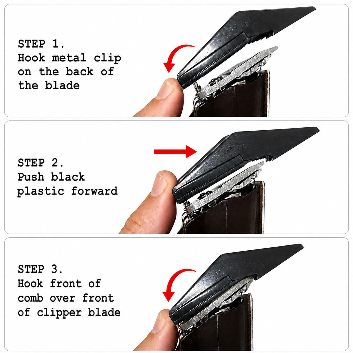 Miaco front snapping comb highlights quick, secure attachment