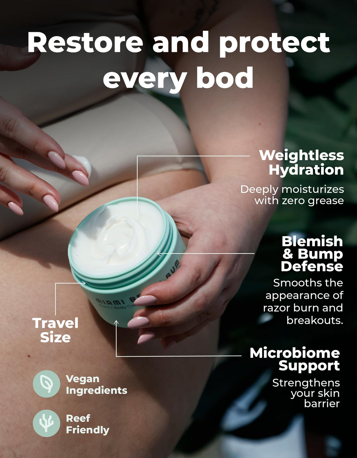 Applying Miami Beach Bum body cream for smooth skin after shaving