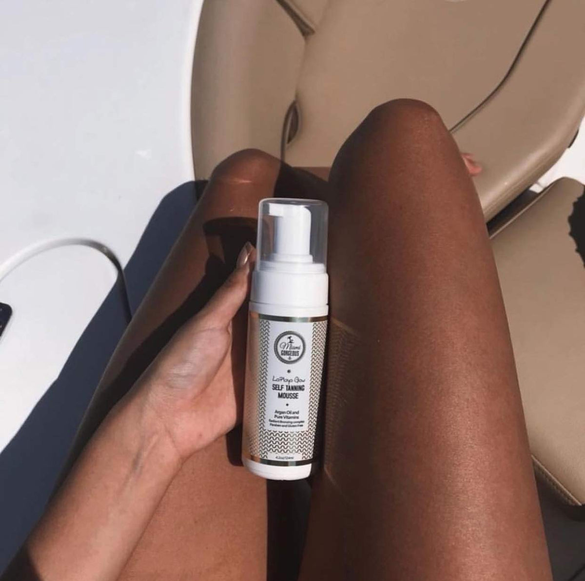 Before-and-after glow on arm using Miami Gorgeous LaPlaya Glow.