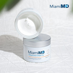MiamiMD Advanced Crepe Fix massaged into thigh for crepey areas.