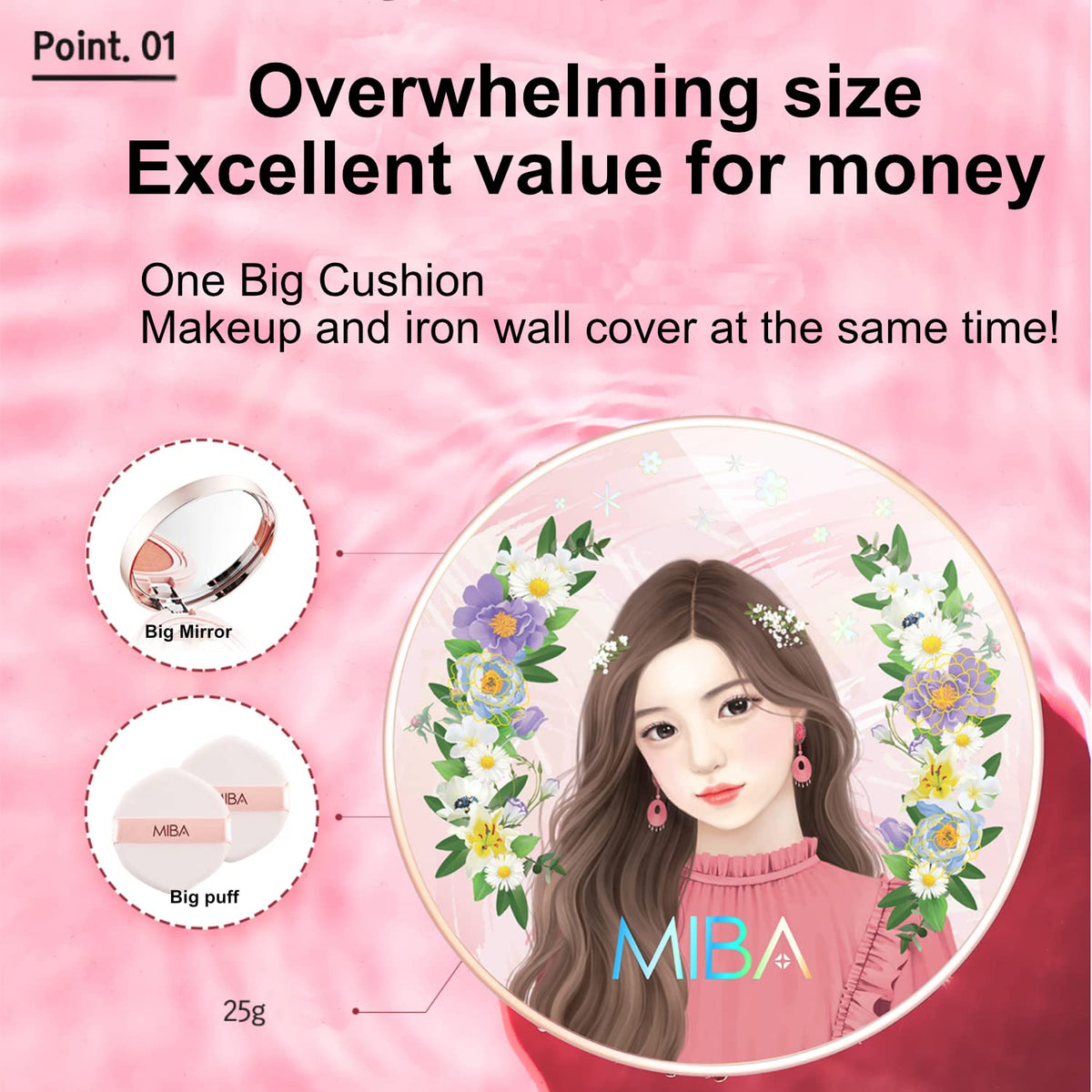 MIBA Ionized Calcium Foundation compact with mirror and puff enables on-the-go touch-ups.
