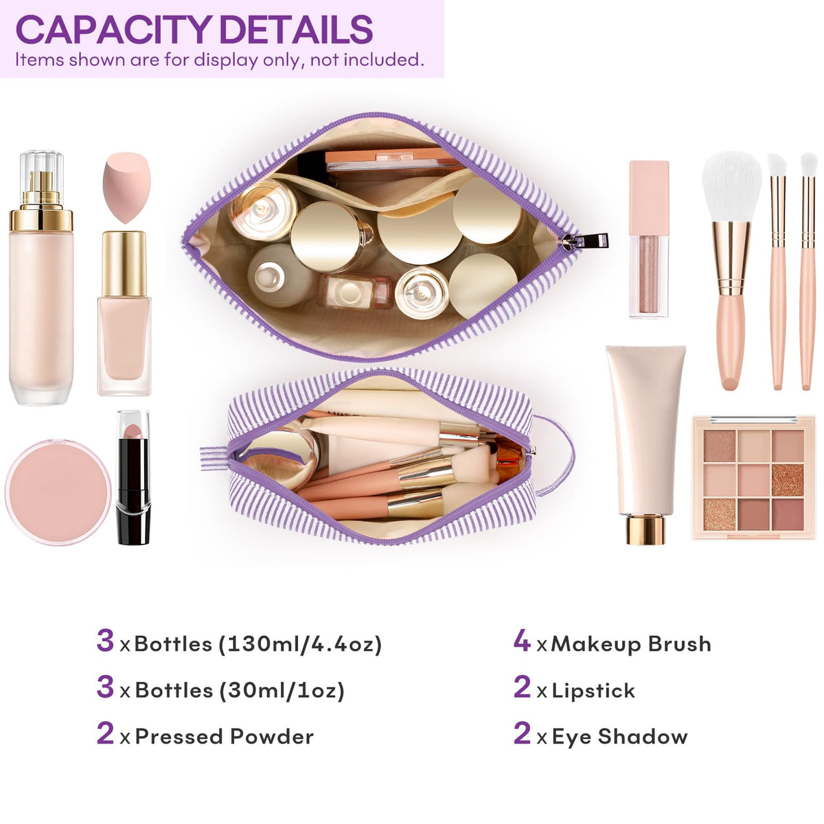 Mibasies initial makeup bags side view showing easy access for travel.