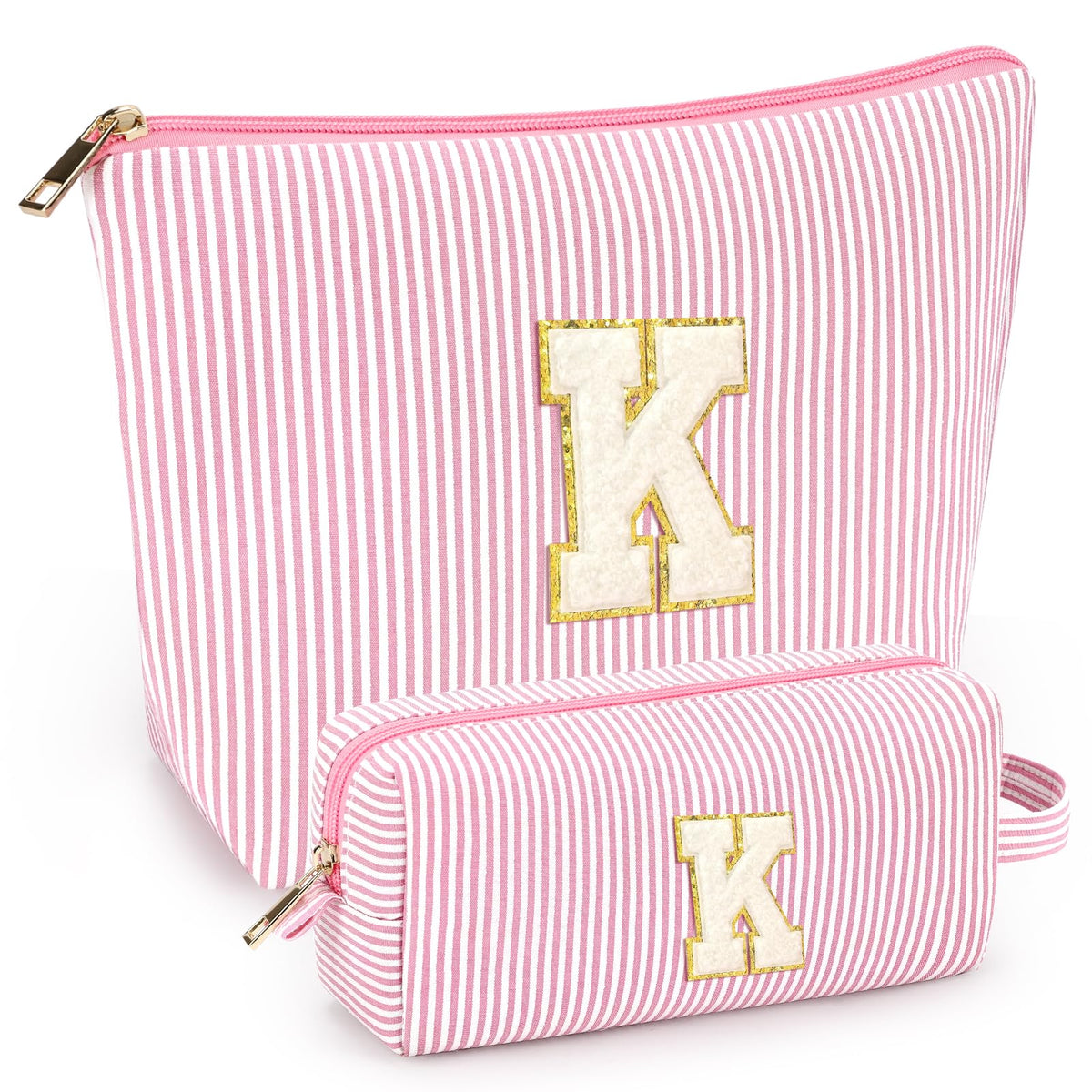 Mibasies 2pc initial makeup bags pink open, organized storage for cosmetics.