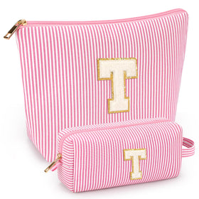 Mibasies pink 2-piece initial makeup bags displayed for travel use