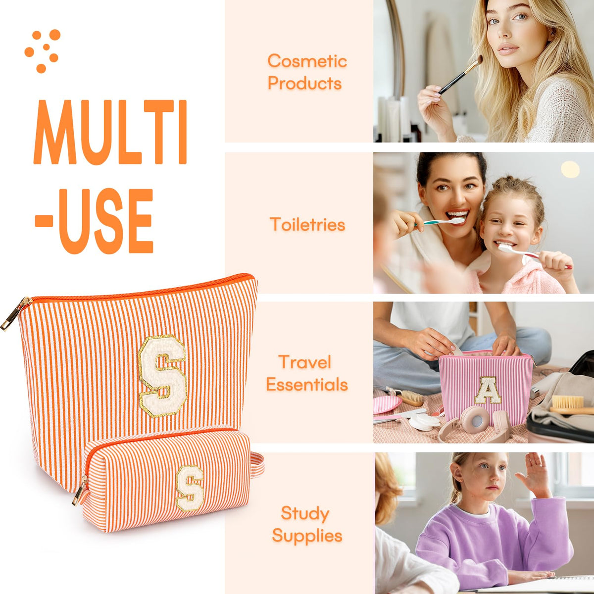 Mibasies orange travel bag highlights color options and alphabet personalization for gifts.