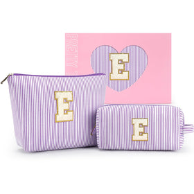 Mibasies initial makeup bag purple front view, stylish travel essential.