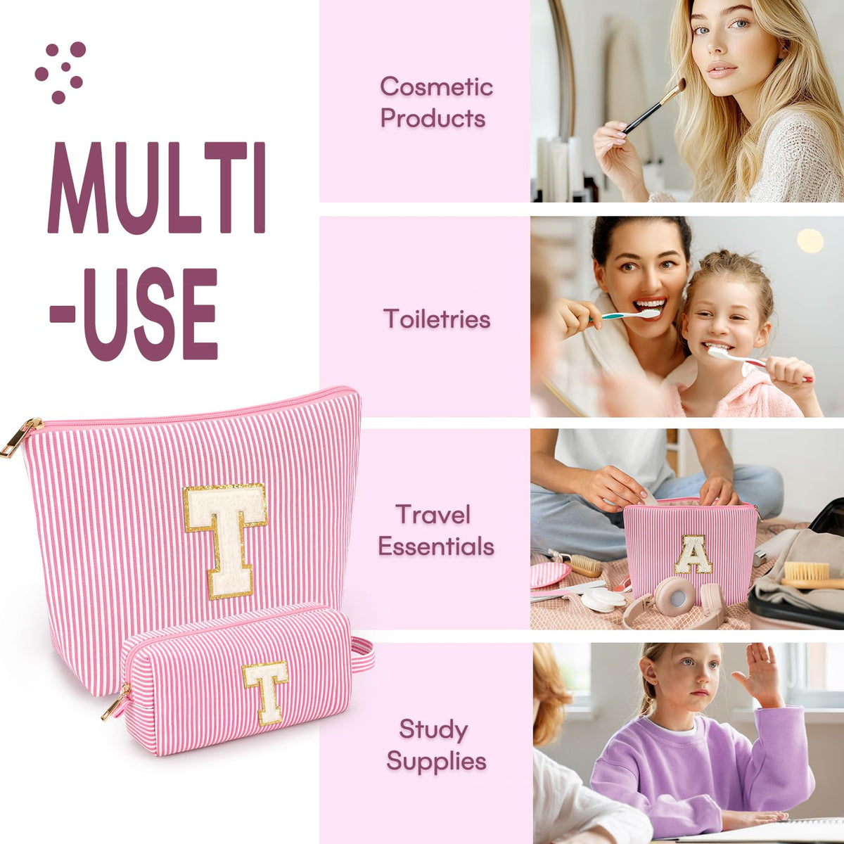 Makeup bag with alphabet letters for personalized style