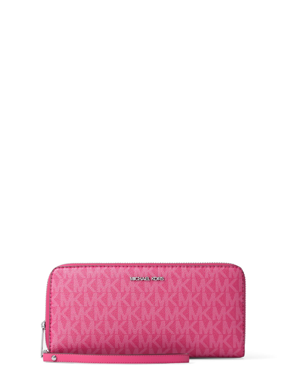 Michael Kors Jet Set Travel Continental bag, front view in semi-lux black with raspberry accents for versatile styling.