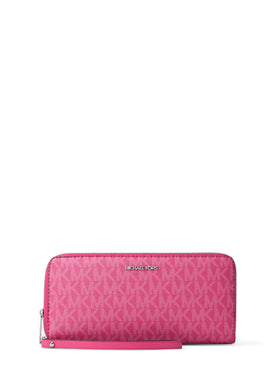 Michael Kors Jet Set Travel Continental bag, front view in semi-lux black with raspberry accents for versatile styling.