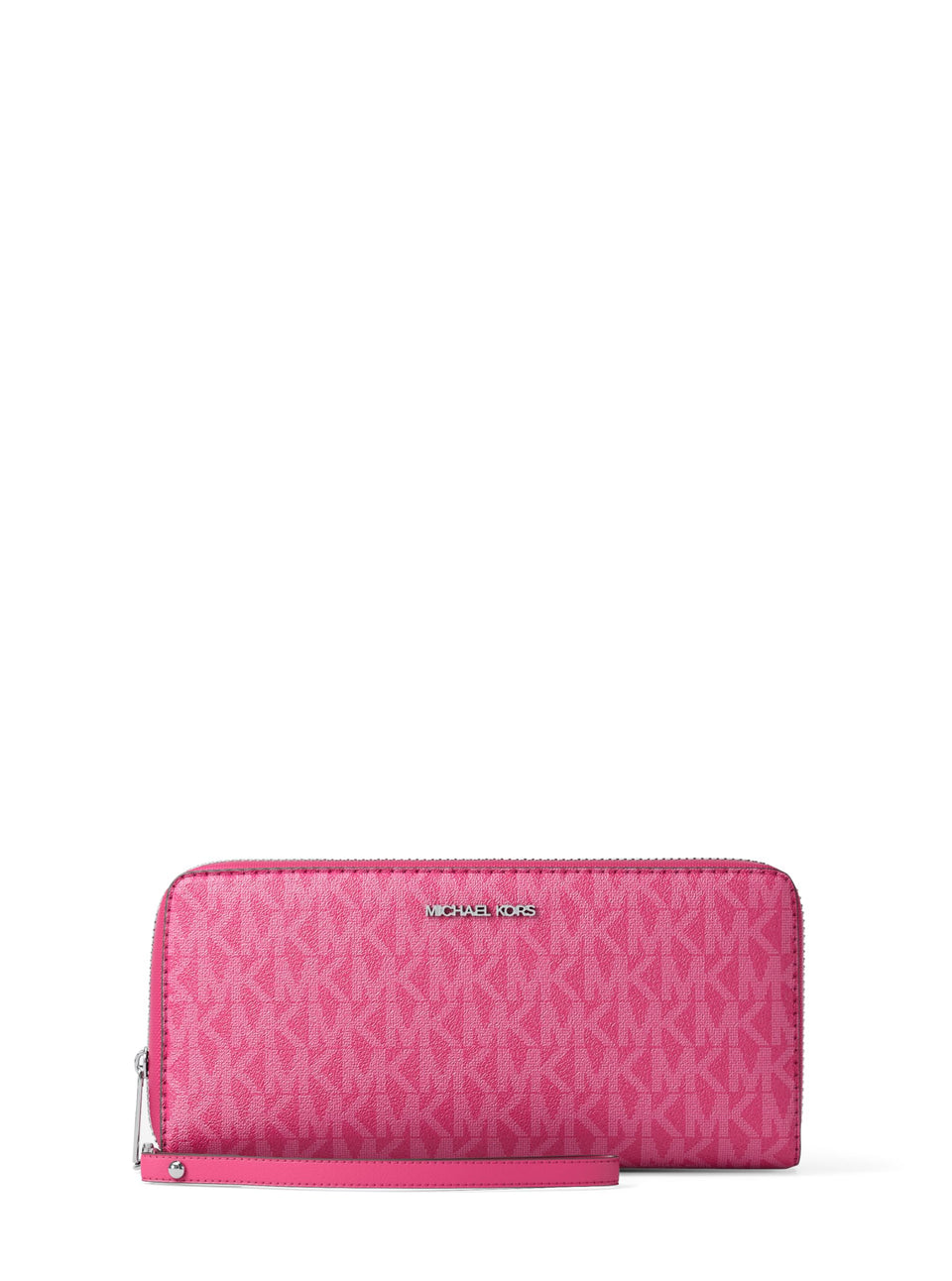 Michael Kors Jet Set Travel Continental bag, front view in semi-lux black with raspberry accents for versatile styling.