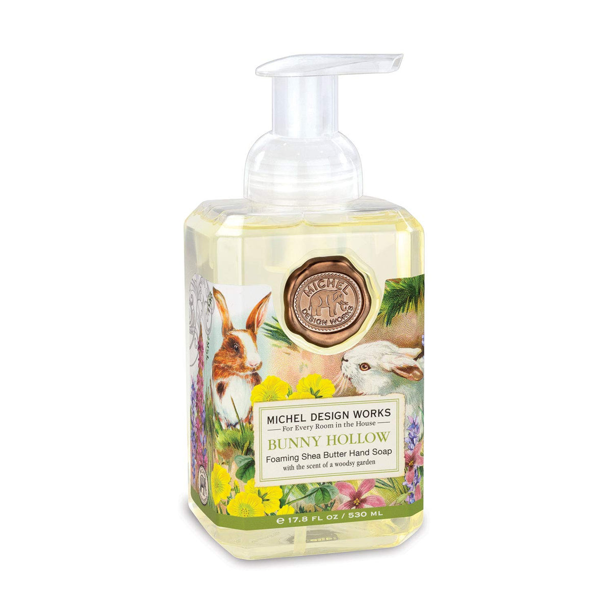 Michel Design Works Bunny Hollow foaming hand soap bottle showcases whimsical packaging for everyday hand hygiene.