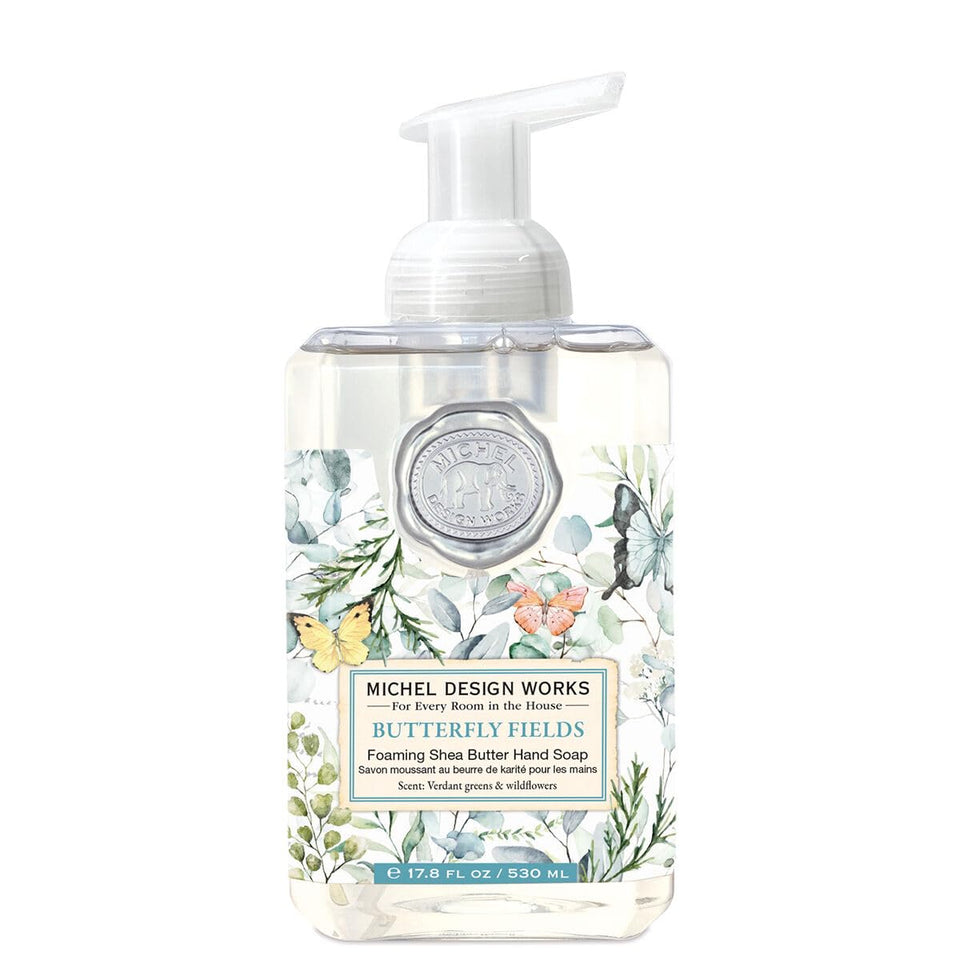 Michel Design Works Butterfly Fields foaming soap dispenser on sink enabling gentle cleansing and decor