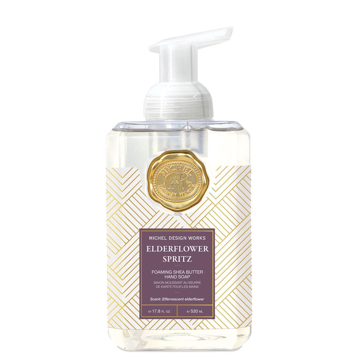 Michel Design Works Elderflower Spritz hand soap bottle with pump keeps sinks smelling fresh and stylish.