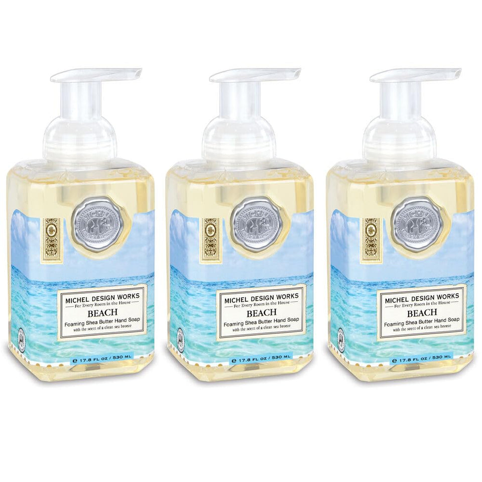 Michel Design Works foaming hand soap Beach bottle close-up highlighting moisturizing formula for soft hands