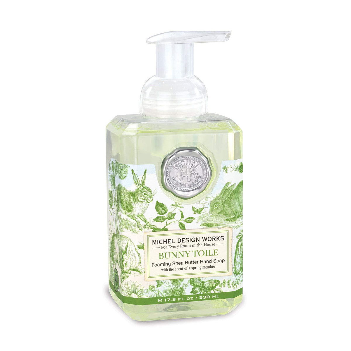 Michel Design Works Bunny Toile foaming hand soap bottle with decorative label, gentle cleansing for hands