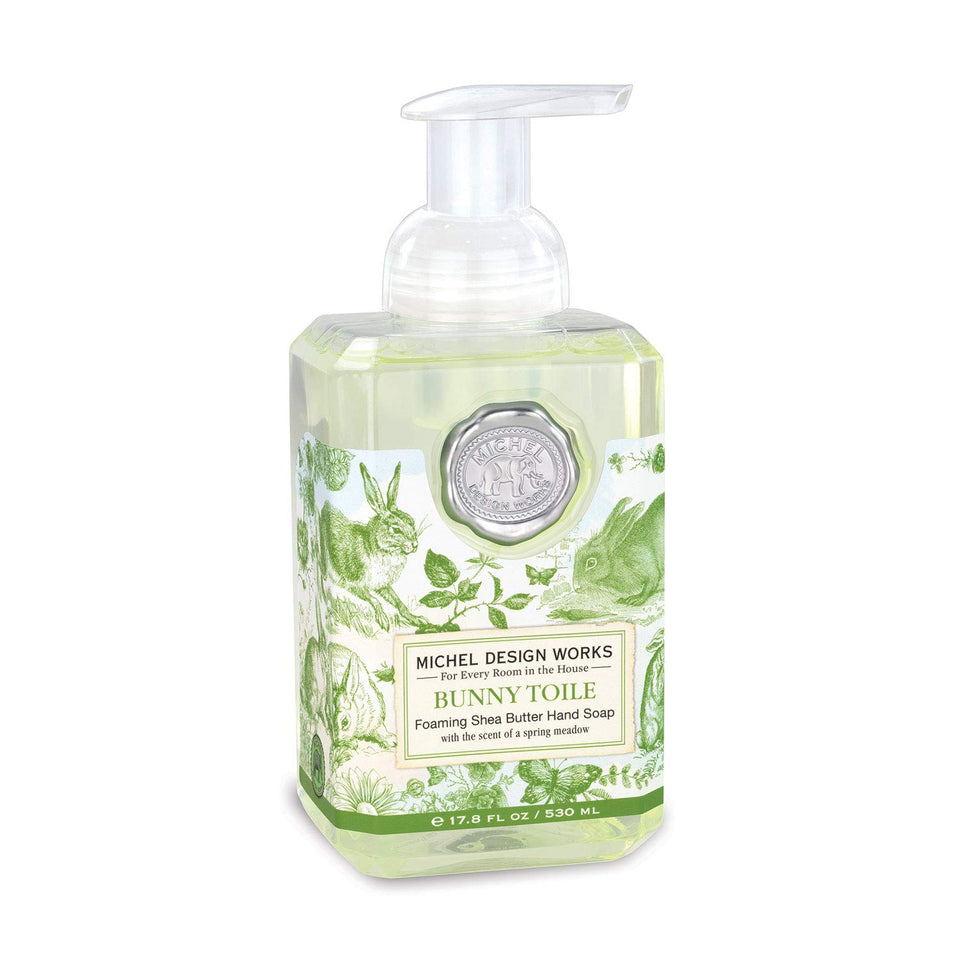 Michel Design Works Bunny Toile foaming hand soap bottle with decorative label, gentle cleansing for hands