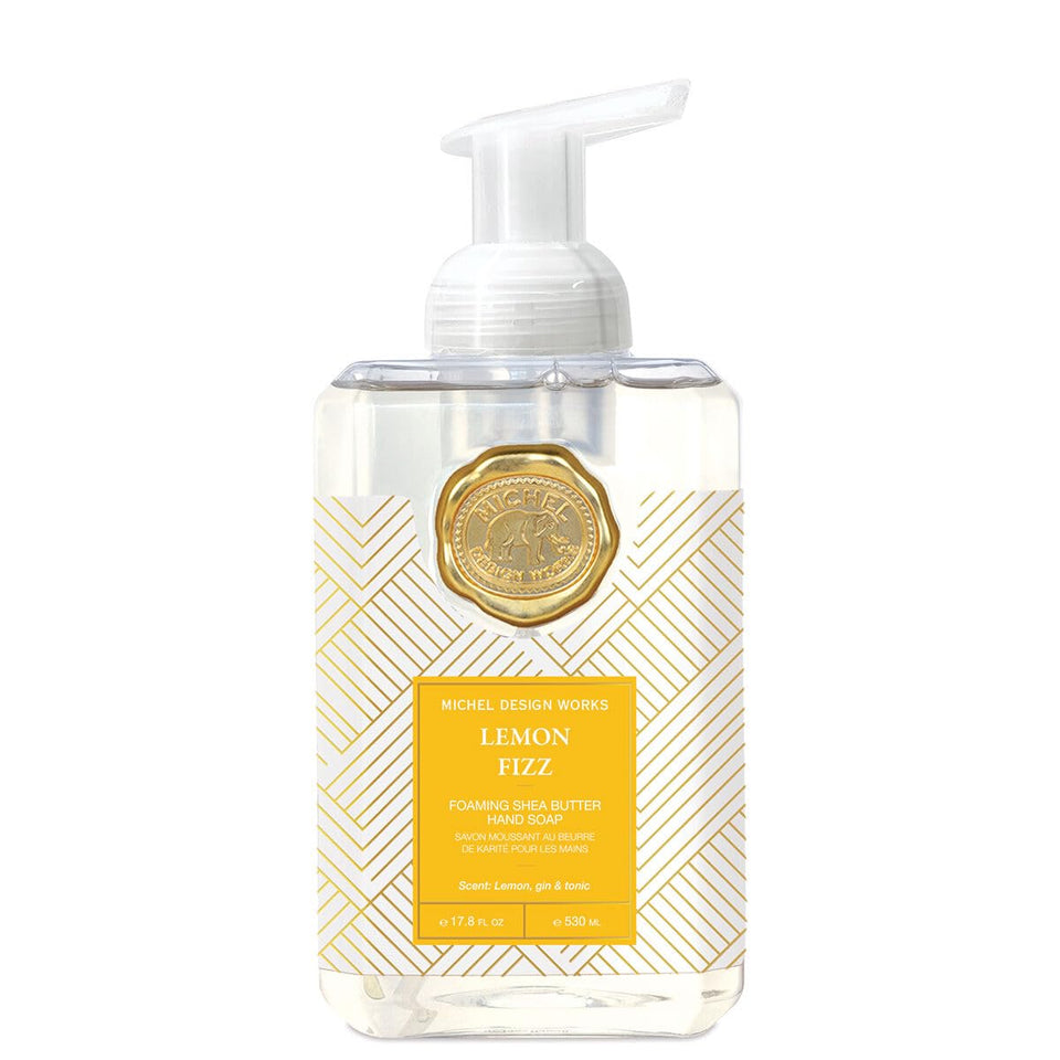 Michel Design Works foaming hand soap Lemon Fizz with pump bottle for easy dispensing.