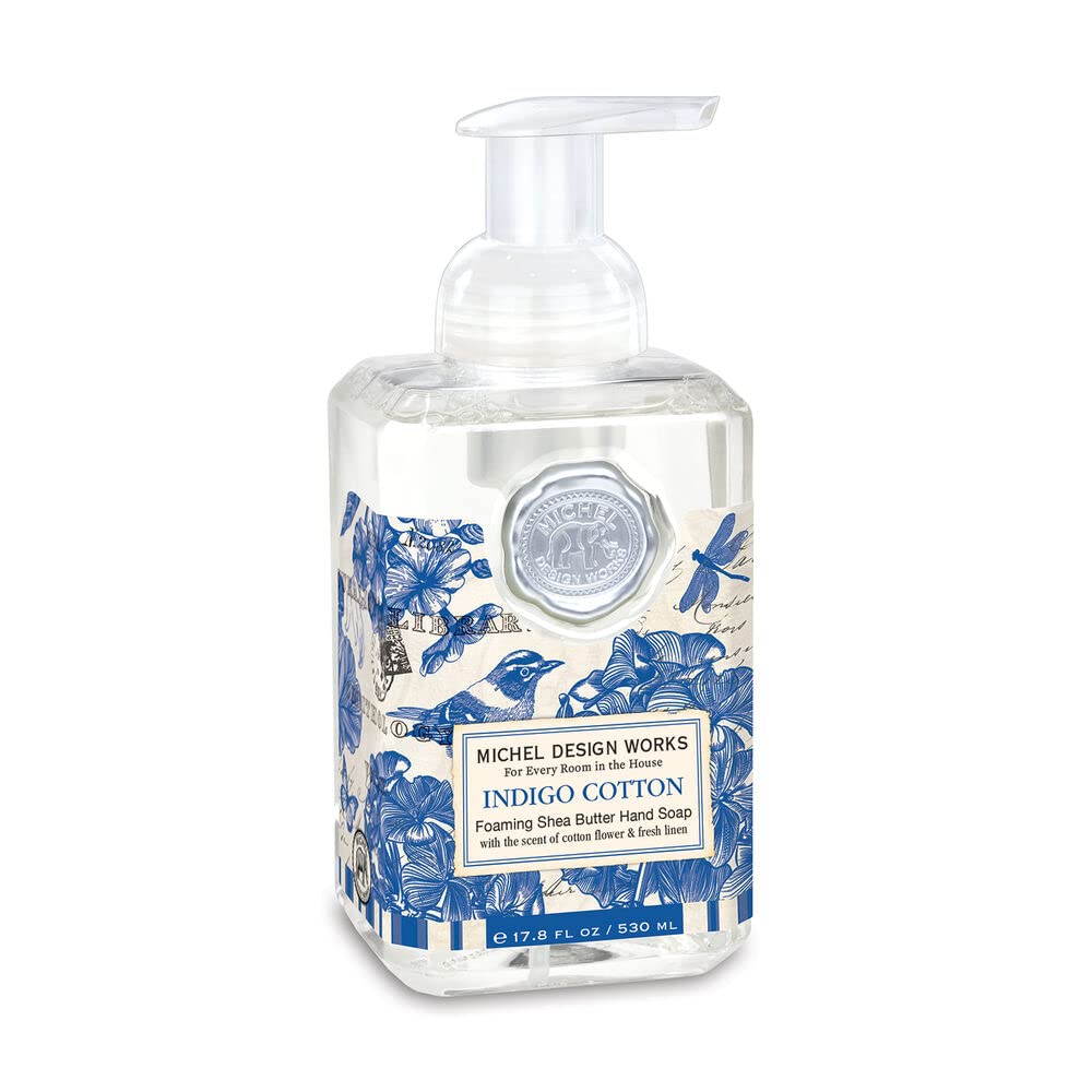 Michel Design Works Indigo Cotton foaming hand soap in a pump for gentle cleansing and moisture