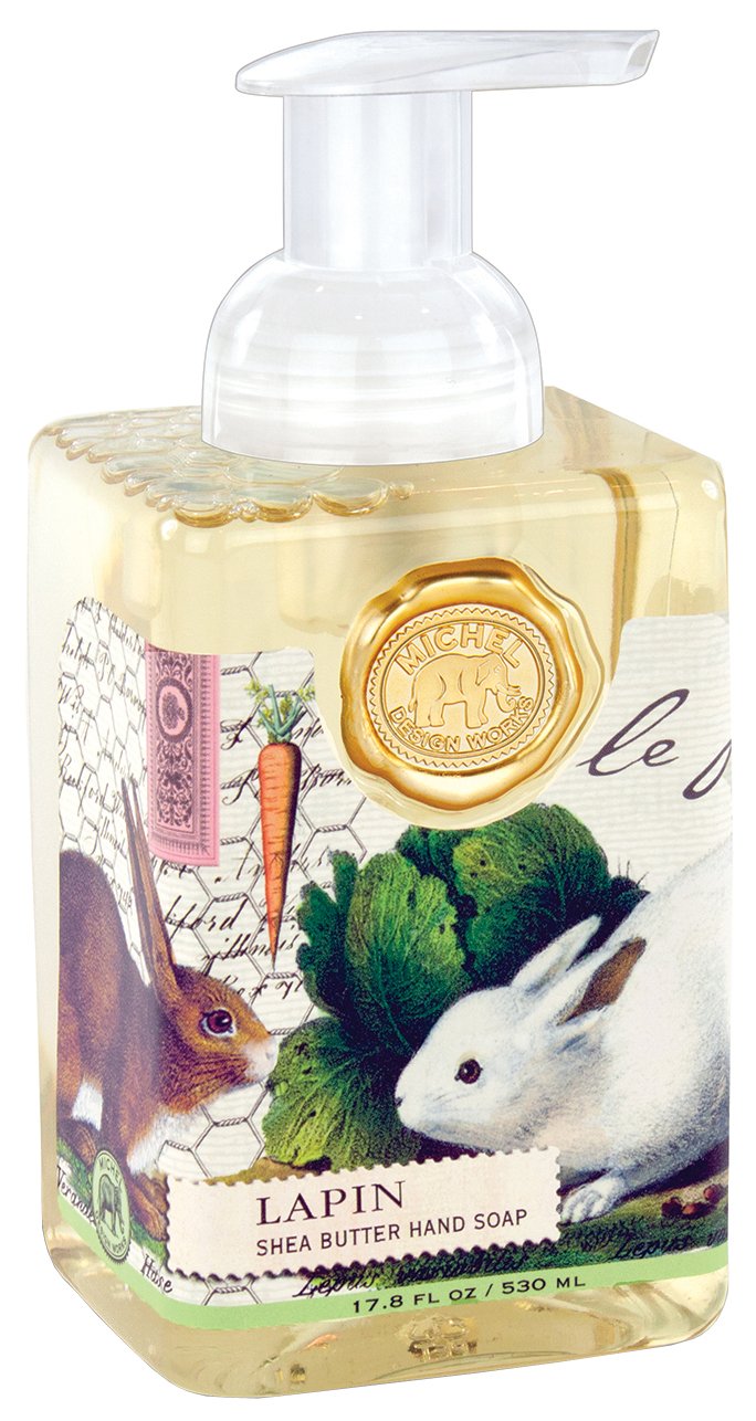 Michel Design Works Lapin Foaming Soap bottle with spring grass scent for gentle cleansing and moisturizing.