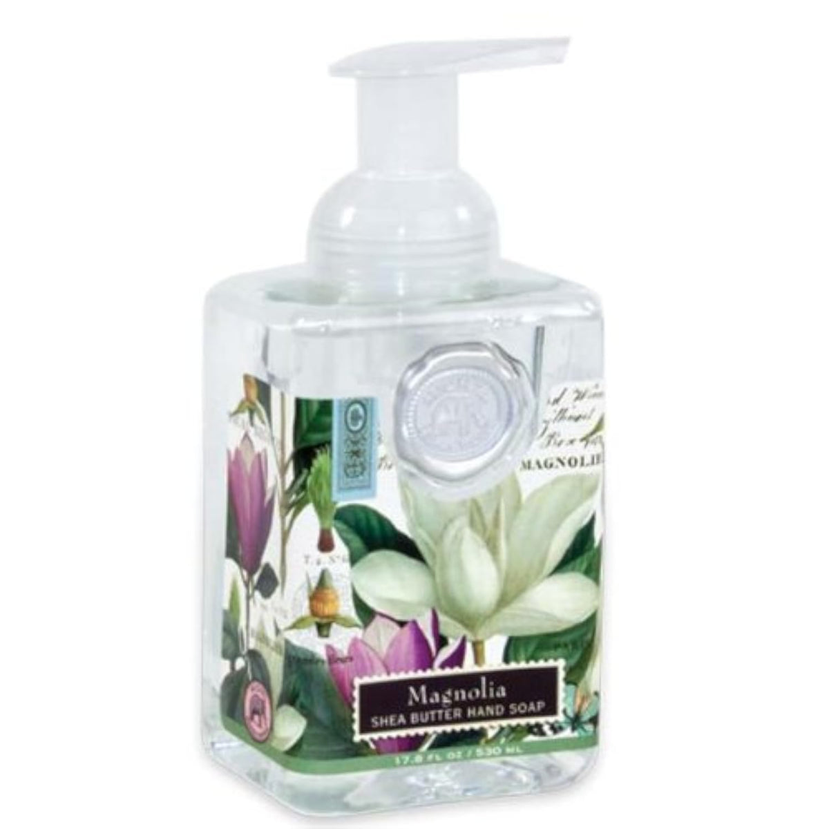 Michel Design Works Magnolia foaming soap bottle with moisturizing aloe and shea butter.