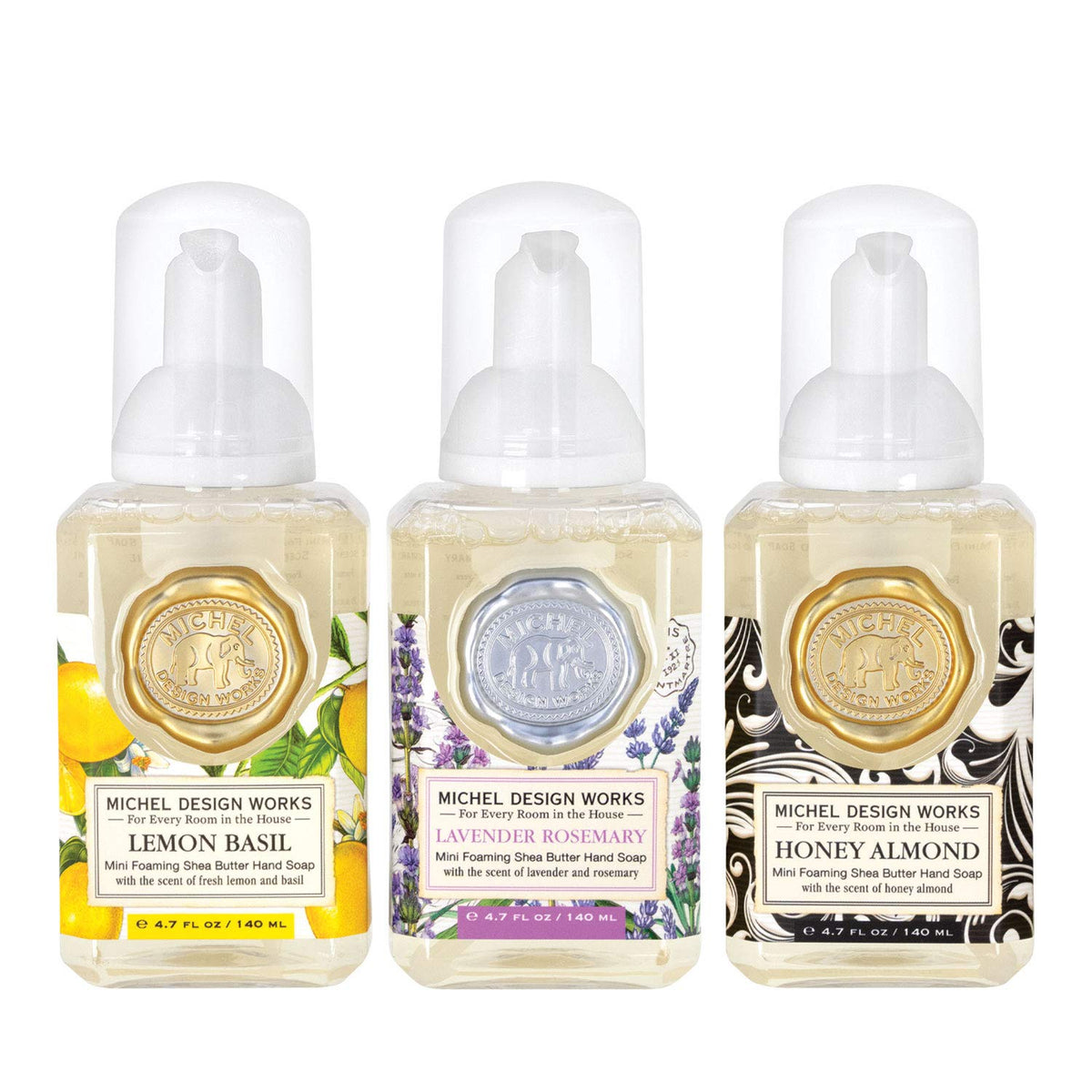 Michel Design Works mini foaming soap Lavender Rosemary — soothing cleanse with calming floral-herbal fragrance.