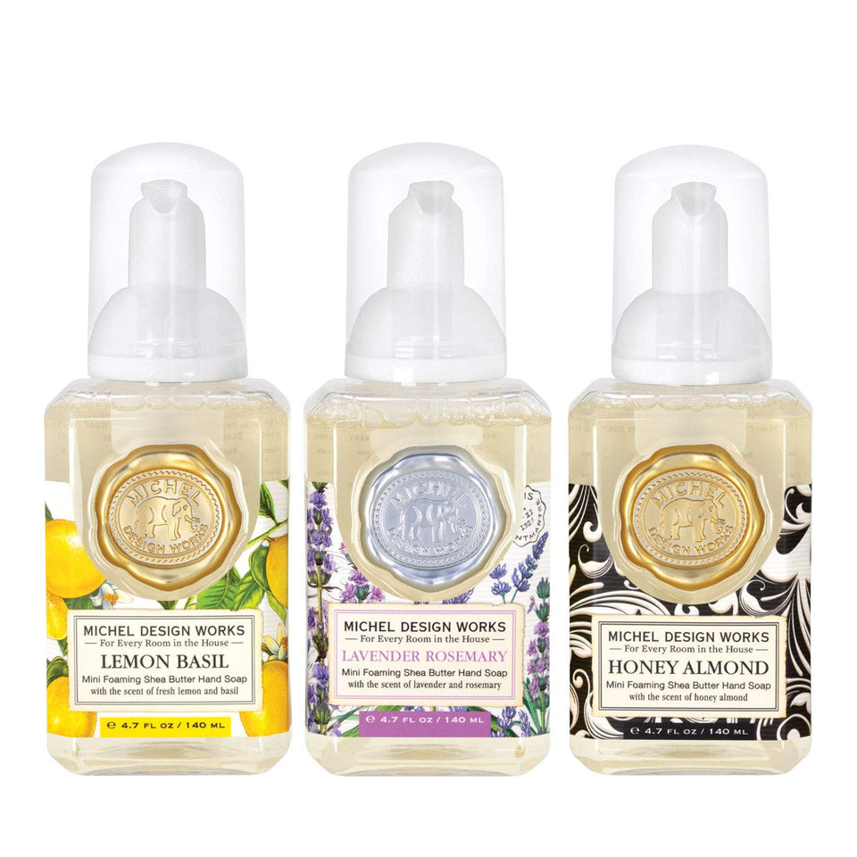 Michel Design Works mini foaming soap Lavender Rosemary — soothing cleanse with calming floral-herbal fragrance.