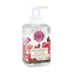Michel Design Works Royal Rose foaming hand soap dispenser with elegant medallion for premium hand care.