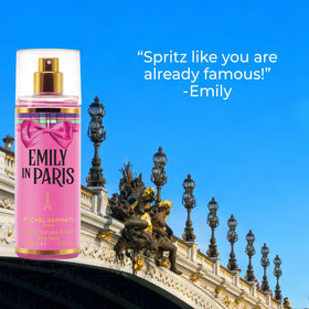 Michel Germain Emily in Paris perfume against Paris scene for glam mood booster.