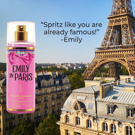 Michel Germain Emily in Paris spray bottle gesture for quick, on-the-go fragrance boost.