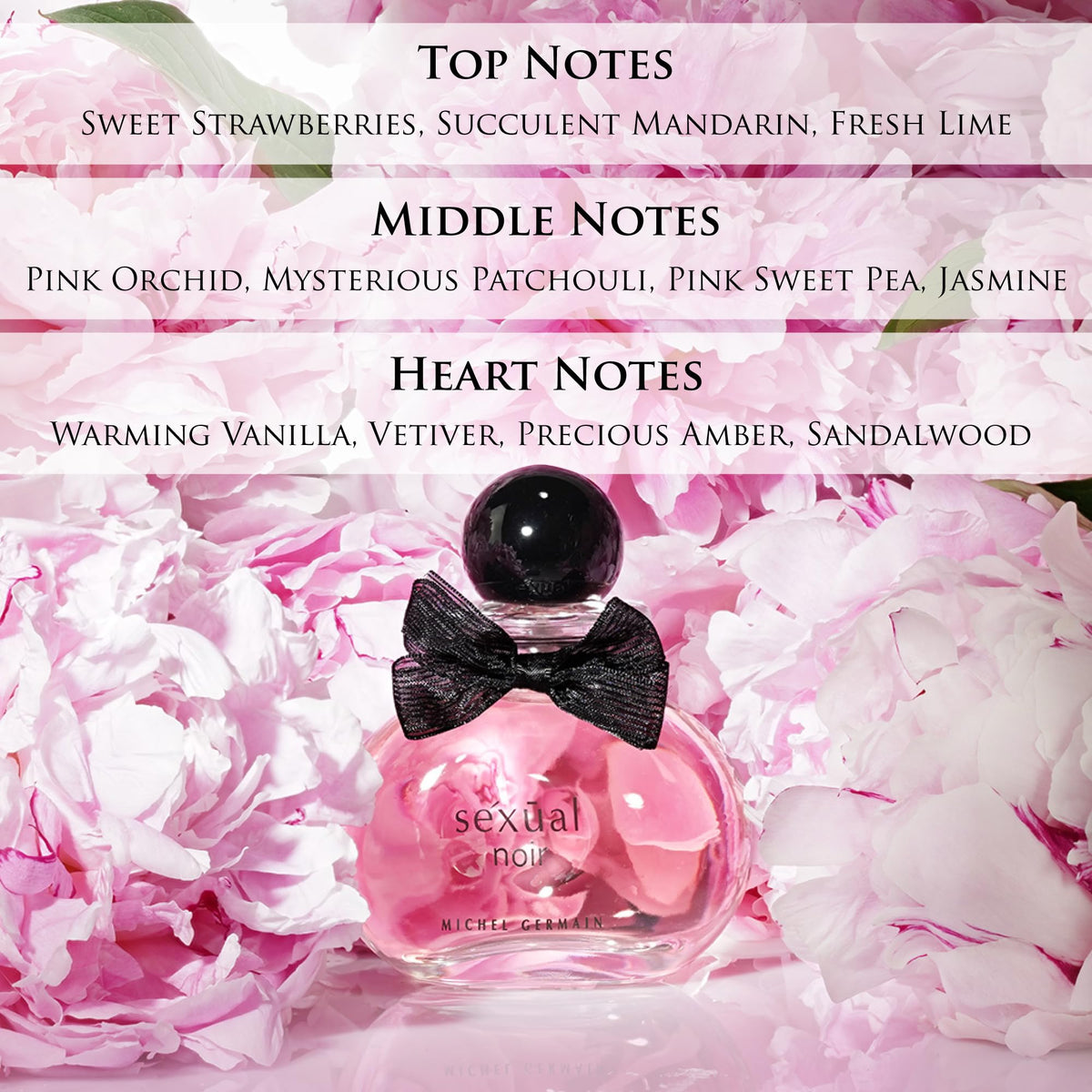 Sexual Noir top notes of strawberry and mandarin create a bright introduction