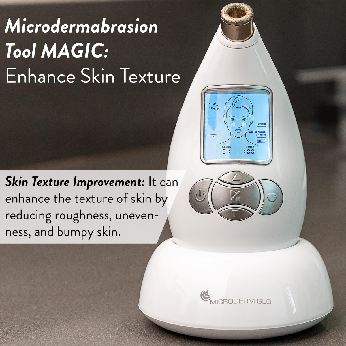 Microderm GLO kit in hand showing portable at-home skincare