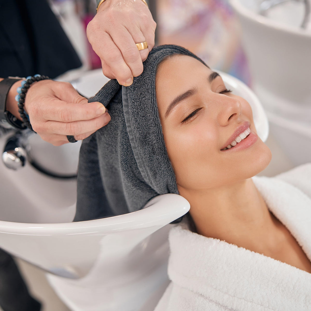 MICROFI in-use towel wrapped around hair for rapid drying.