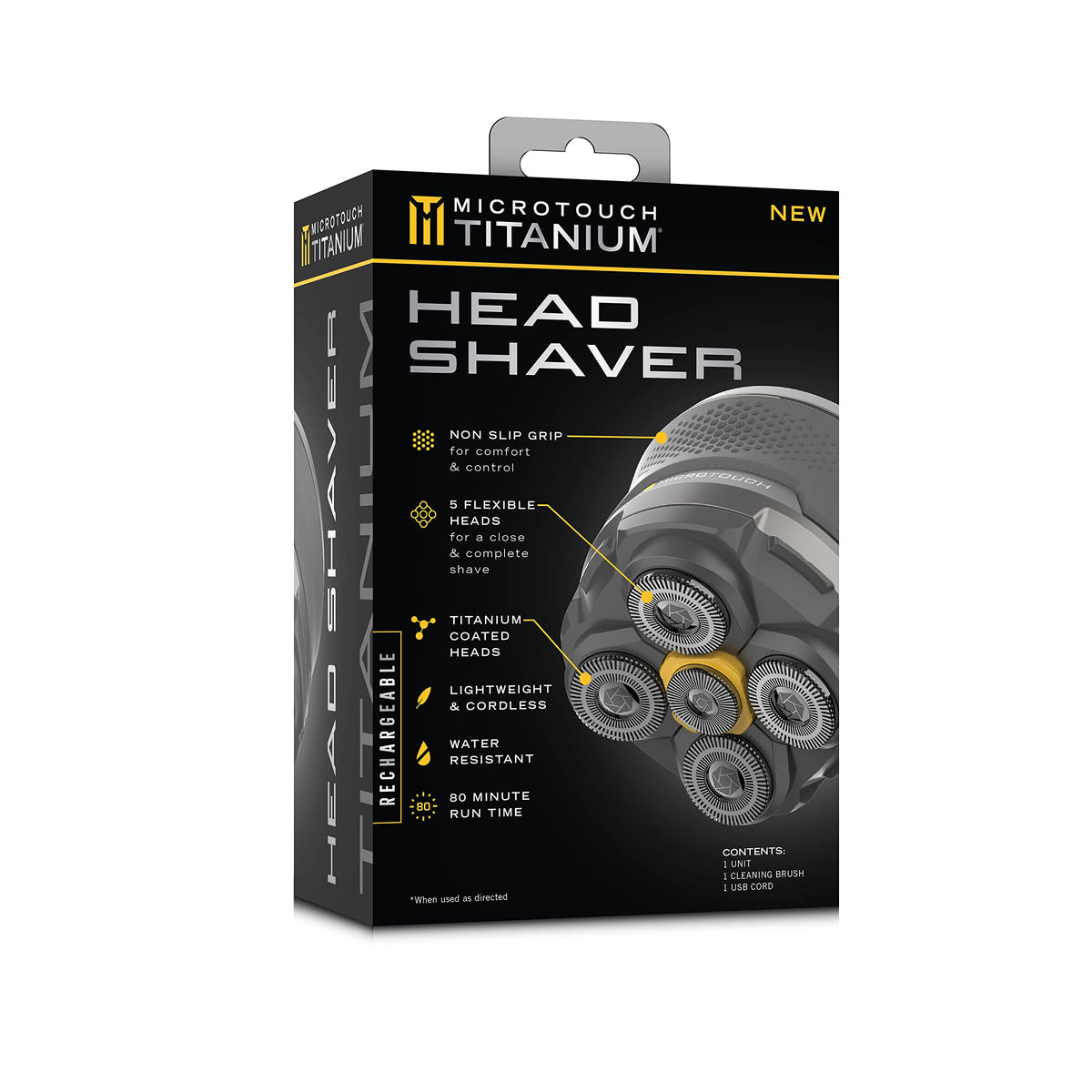MicroTouch Titanium Head Shaver travel lock for secure portability.
