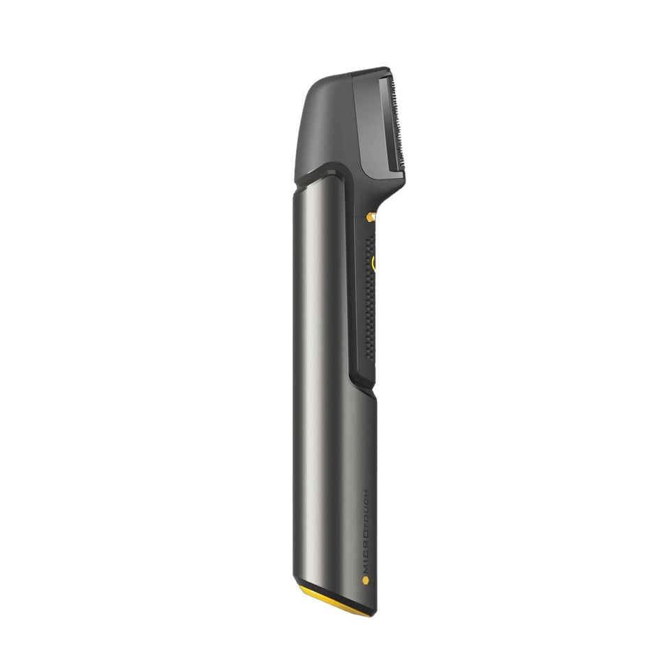 MicroTouch Titanium Trim with extendable arm reaching back hair for easy grooming.