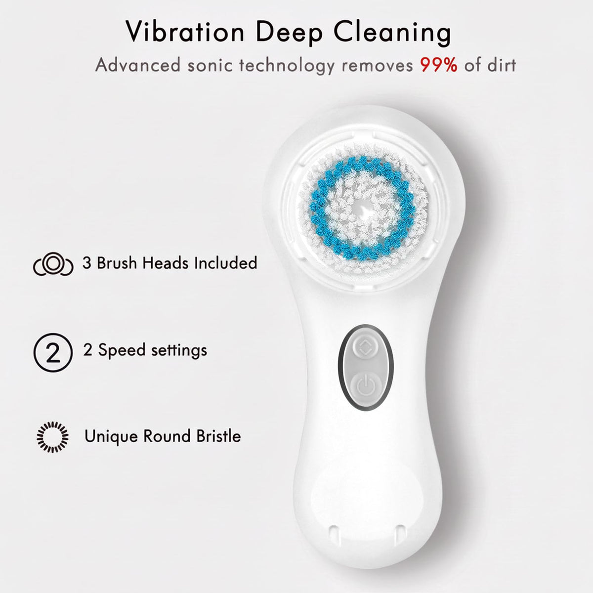 Three replaceable brush heads for versatile cleansing across skin types