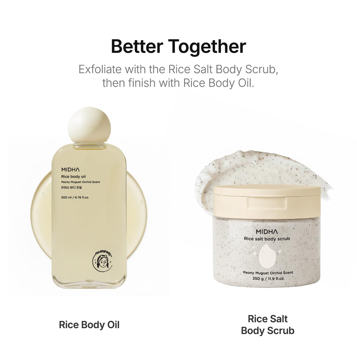Midha Rice Body Oil massage scene, satin-soft finish after use.