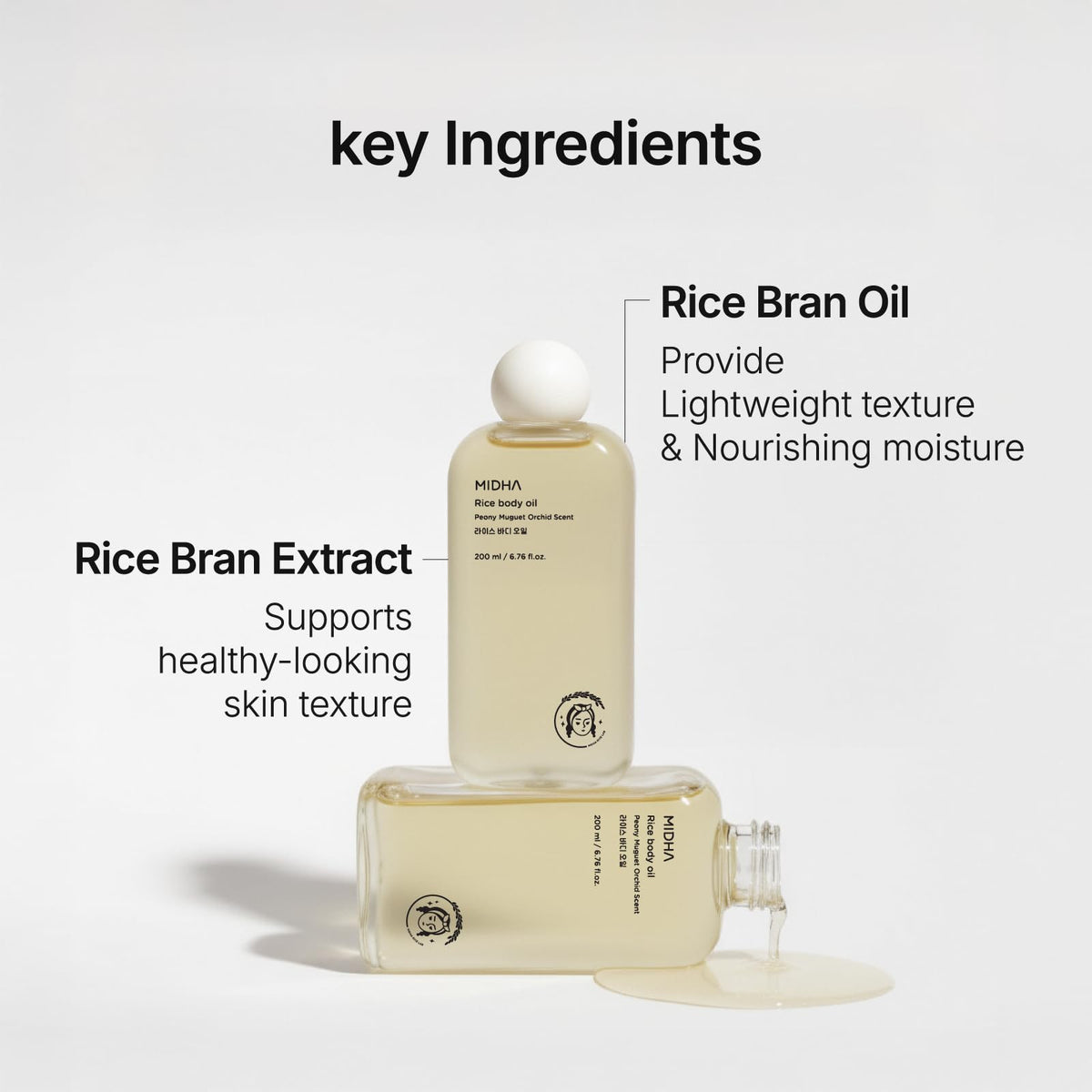 Midha Rice Body Oil massage on arm, improving elasticity and suppleness.
