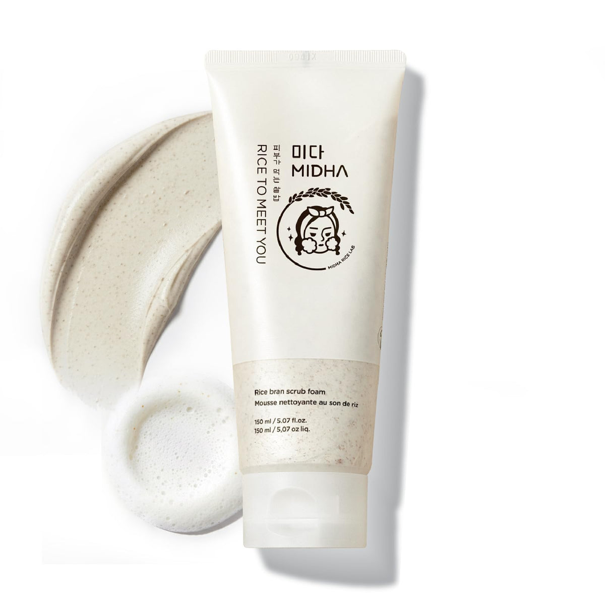 MIDHA Rice Bran Scrub Foam bottle on sink promoting gentle daily cleansing