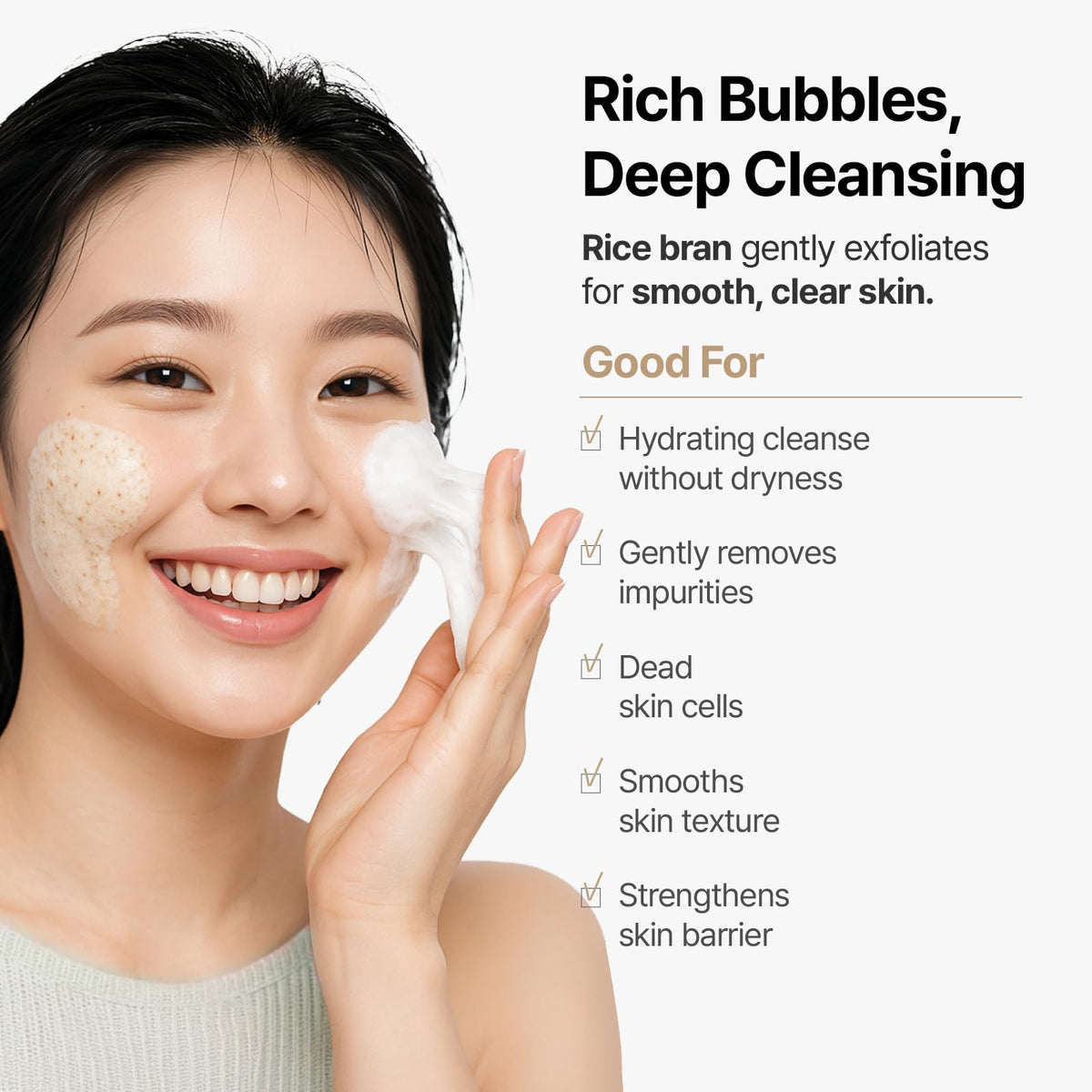 MIDHA Rice Bran Scrub Foam close-up shows creamy, soft micro-foam