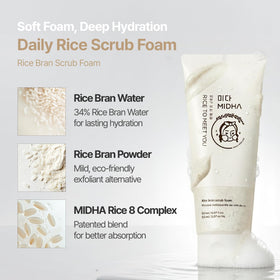 MIDHA Rice Bran Scrub Foam pour demonstrating balanced texture for soothing wash