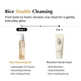 Midha Rice Cleansing Oil beside Rice Bran Scrub Foam shows double cleansing.
