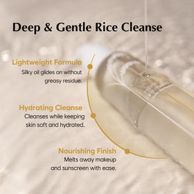 Midha Rice Cleansing Oil on skin rinses clean without stripping moisture.