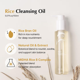 Midha Rice Cleansing Oil pump close-up highlights lightweight, non-greasy feel.