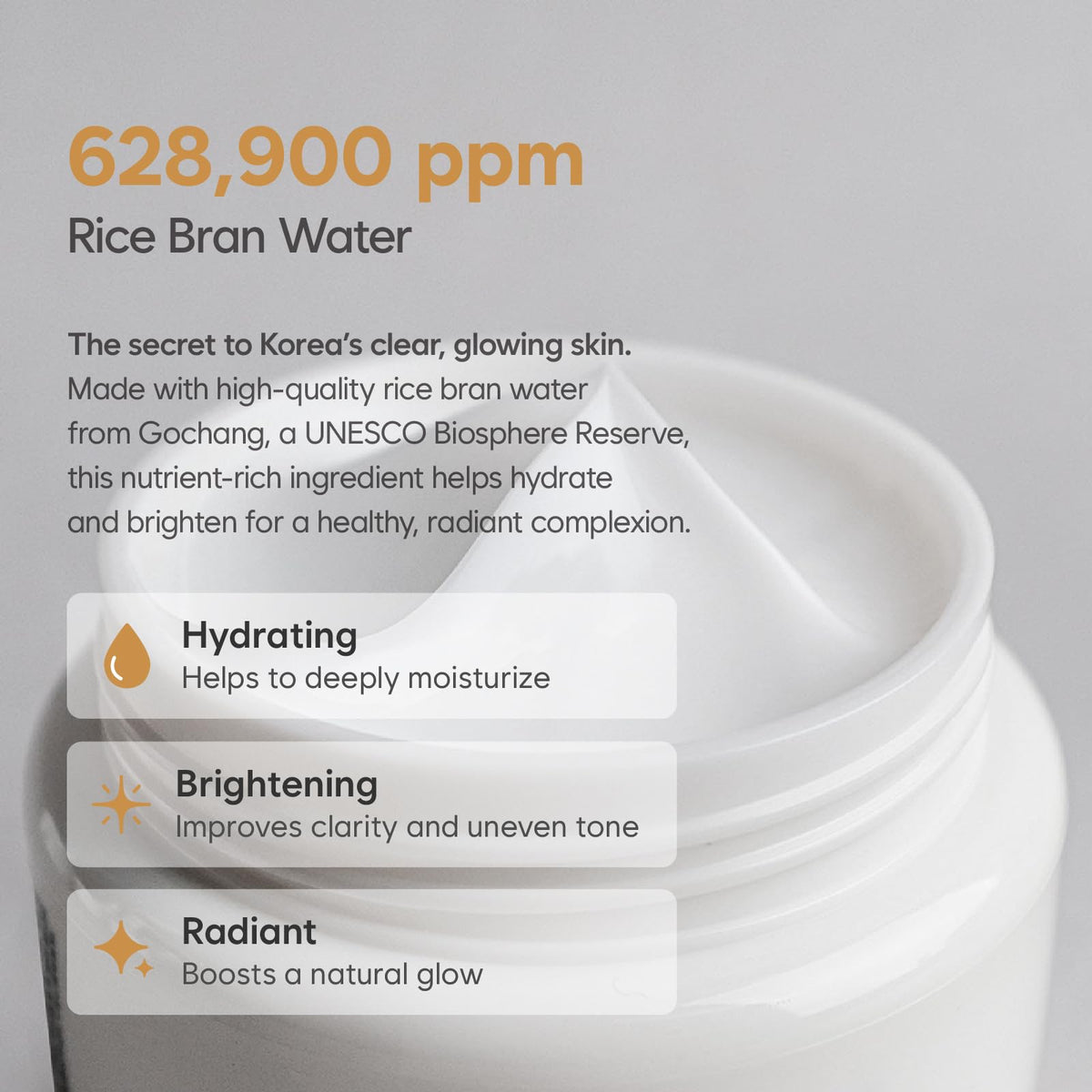 MIDHA Rice Cream 63% rice bran water detail emphasizes intense moisture.