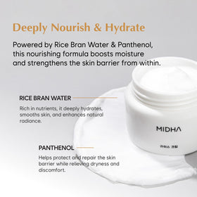 MIDHA Rice Cream after-use glow demonstrates radiant skin.