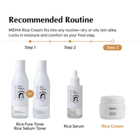 MIDHA Rice Cream bottle labels Natural HG and panthenol for barrier support.